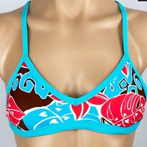 Honey Girl Sasha Reversible Sport Surf Top, M, Aqua/Red Melia Plumeria Print